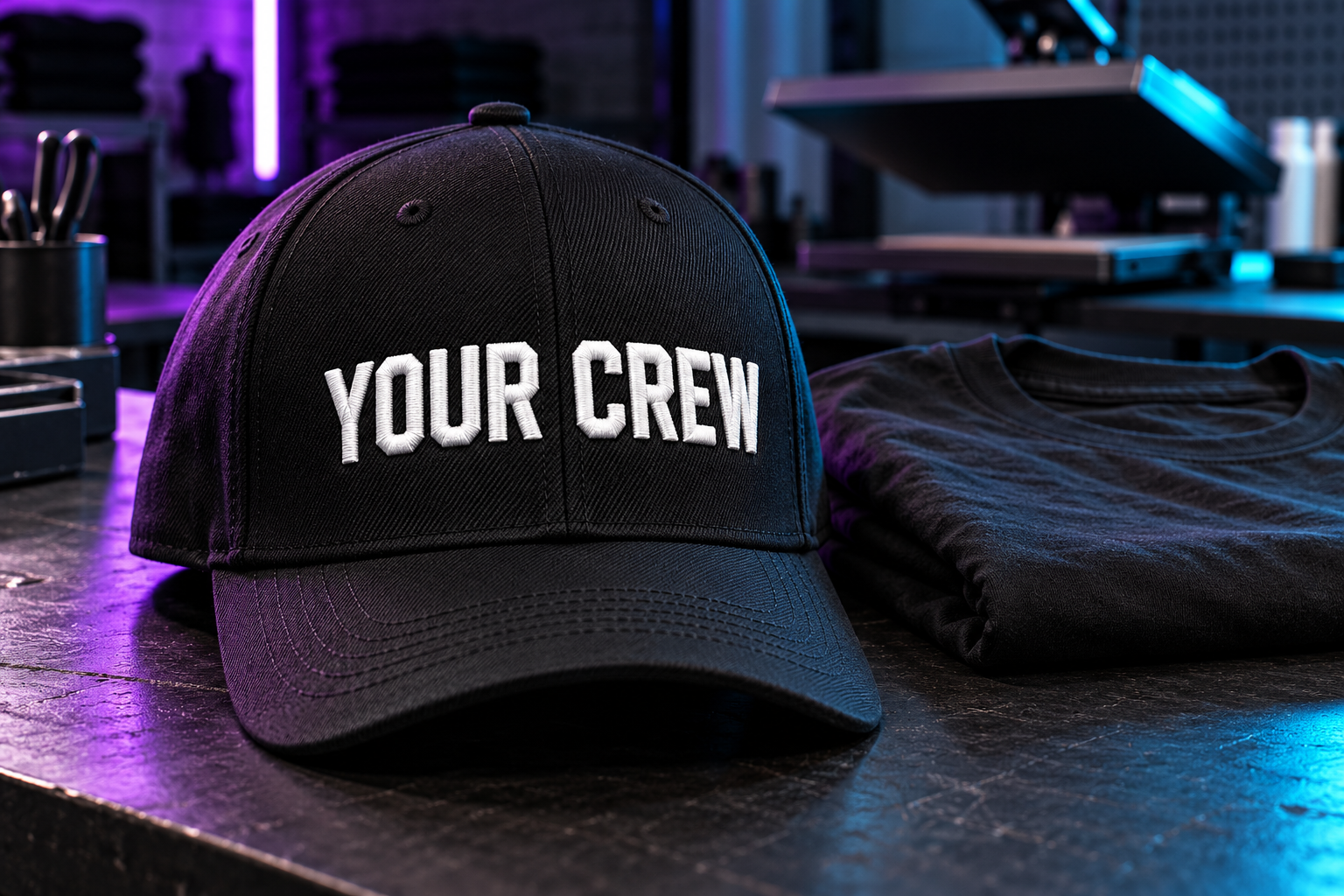 AI concept of a black cap with Your Crew embroidery