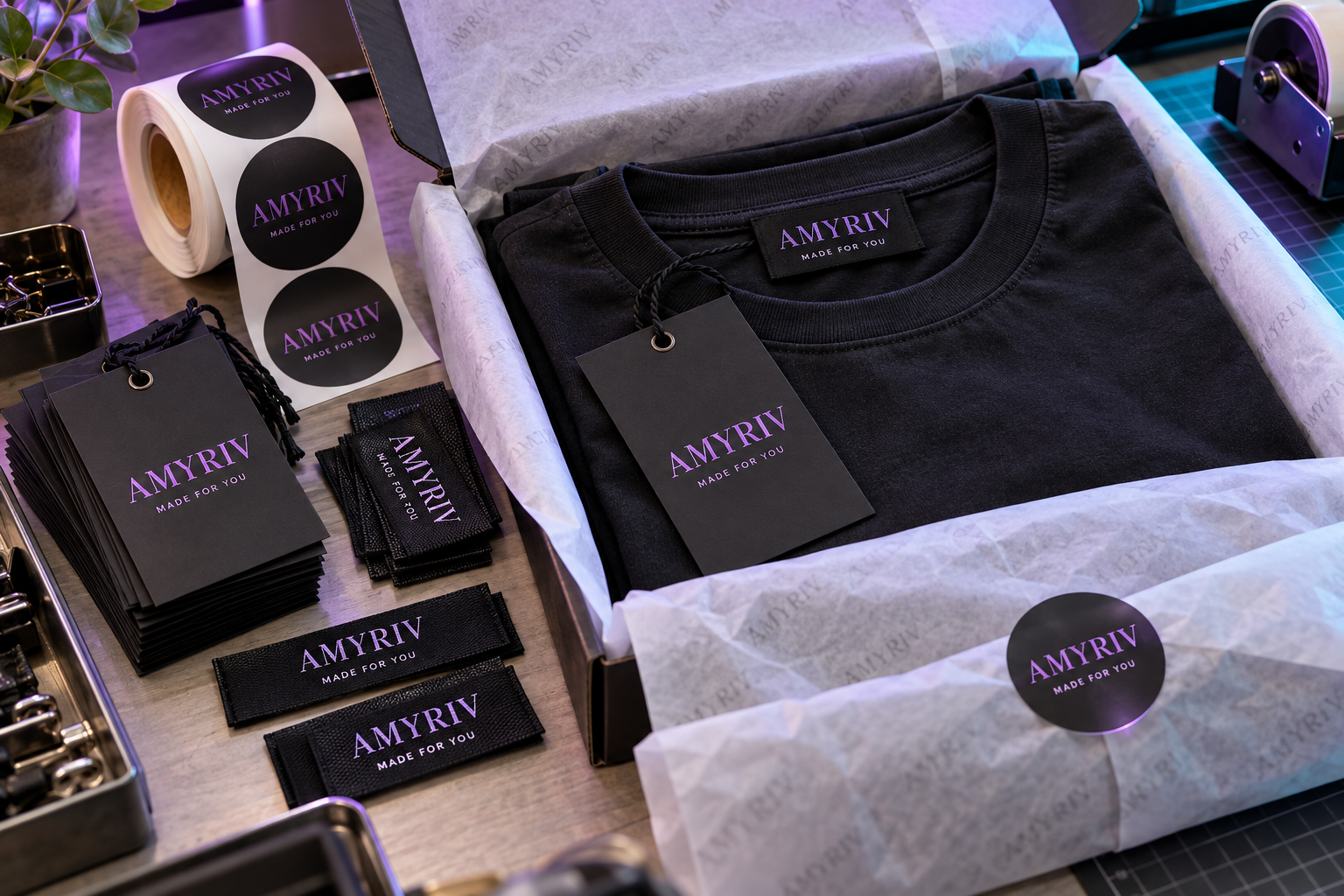 AI concept of custom Amyriv woven labels, hang tags, stickers and packaging