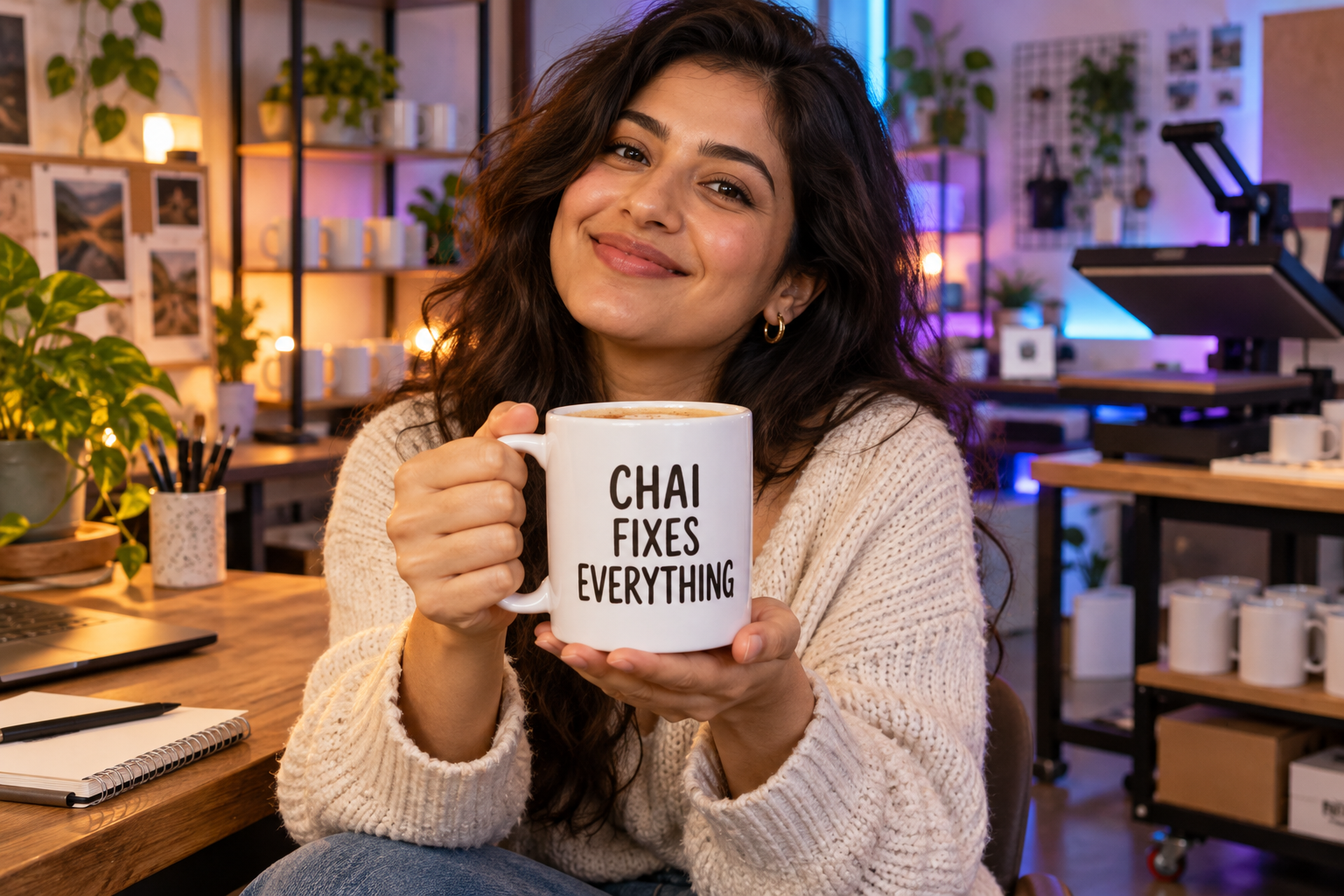 AI concept of a person holding a custom Chai Fixes Everything mug