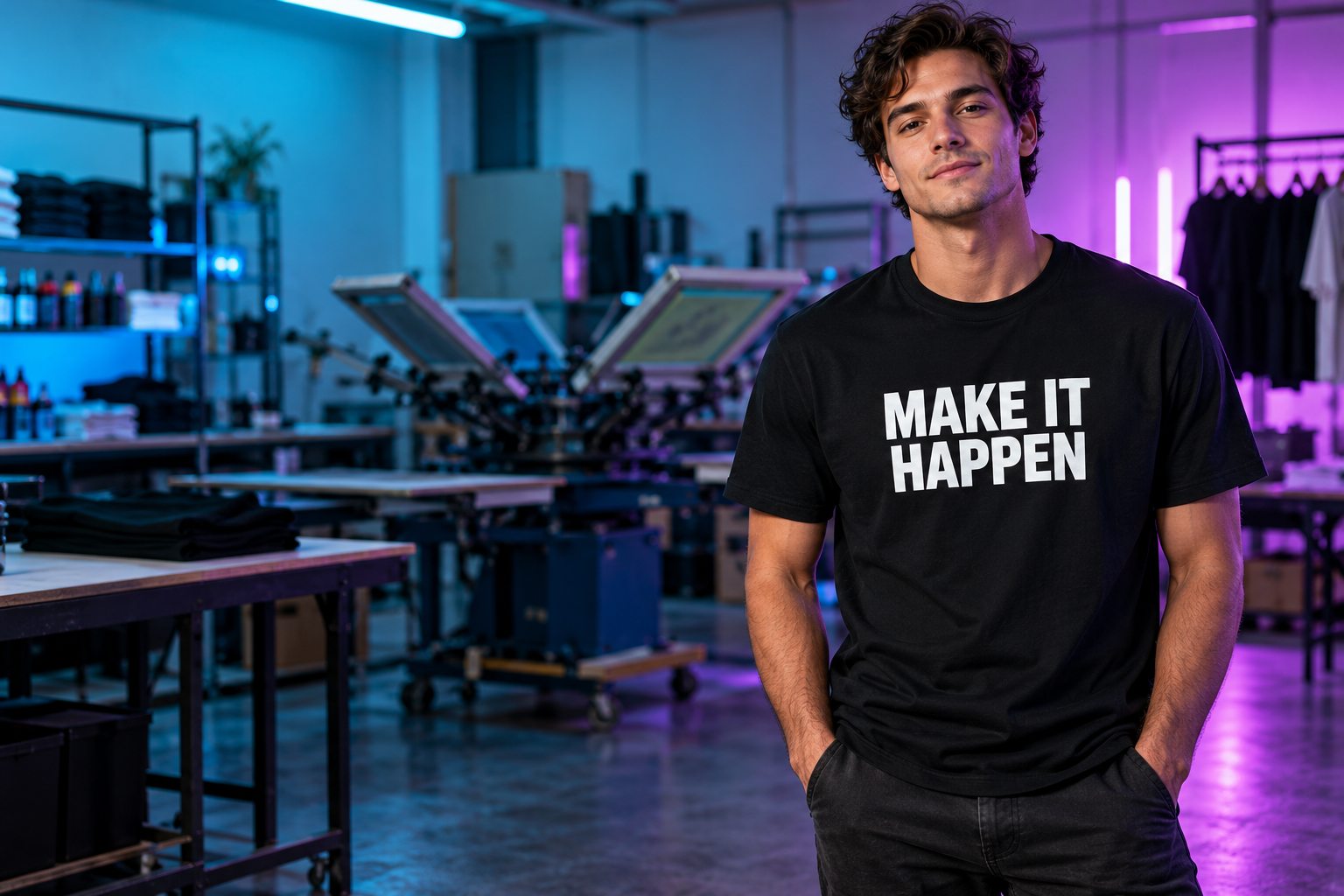 AI concept of a black custom T-shirt printed with Make It Happen