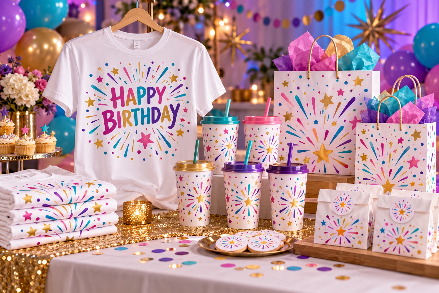 A coordinated birthday theme across custom T-shirts, cups, gift bags, and favors