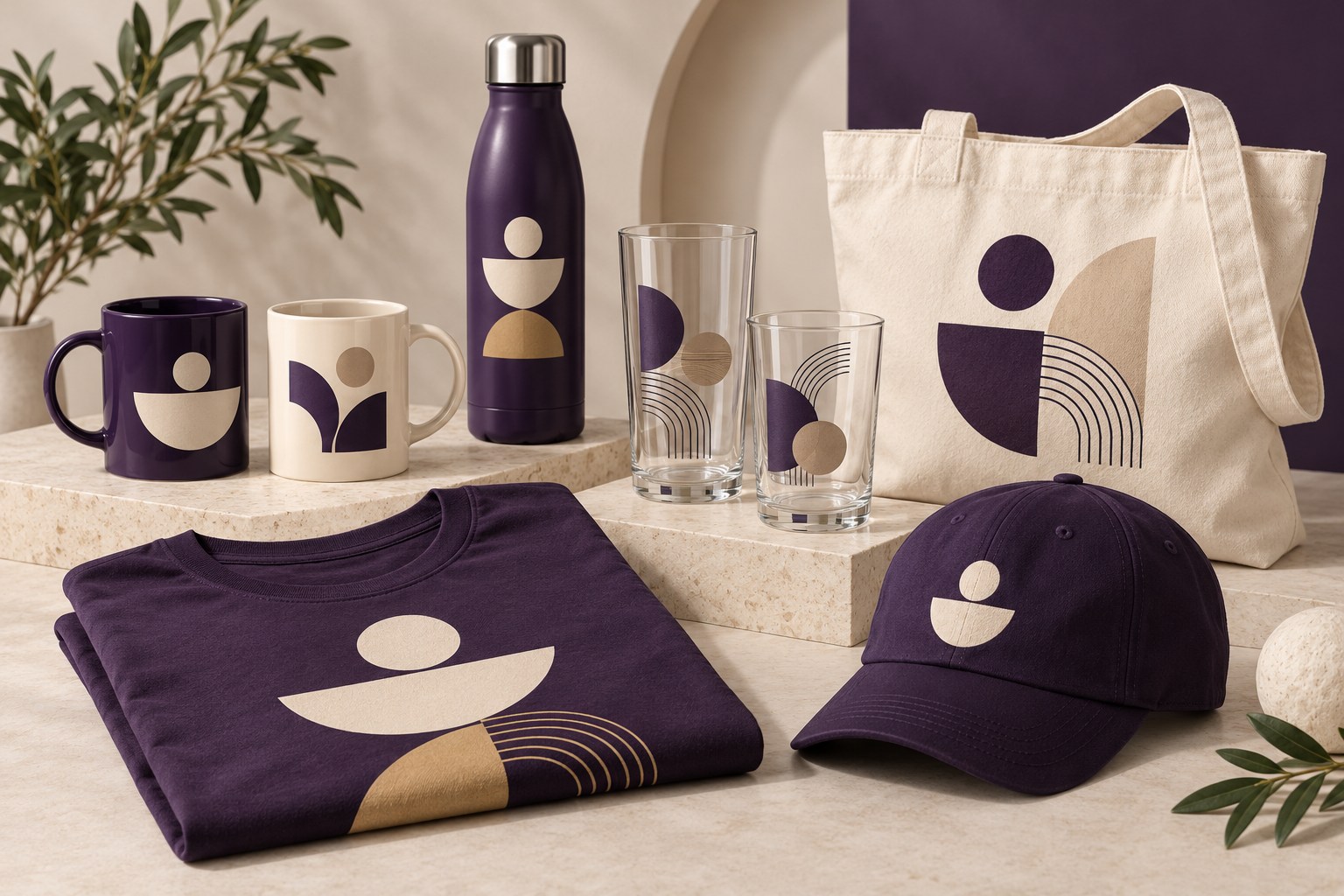 Concept set of custom-branded shirt, mugs, drinking glasses, bottle, tote, and cap for a business or team