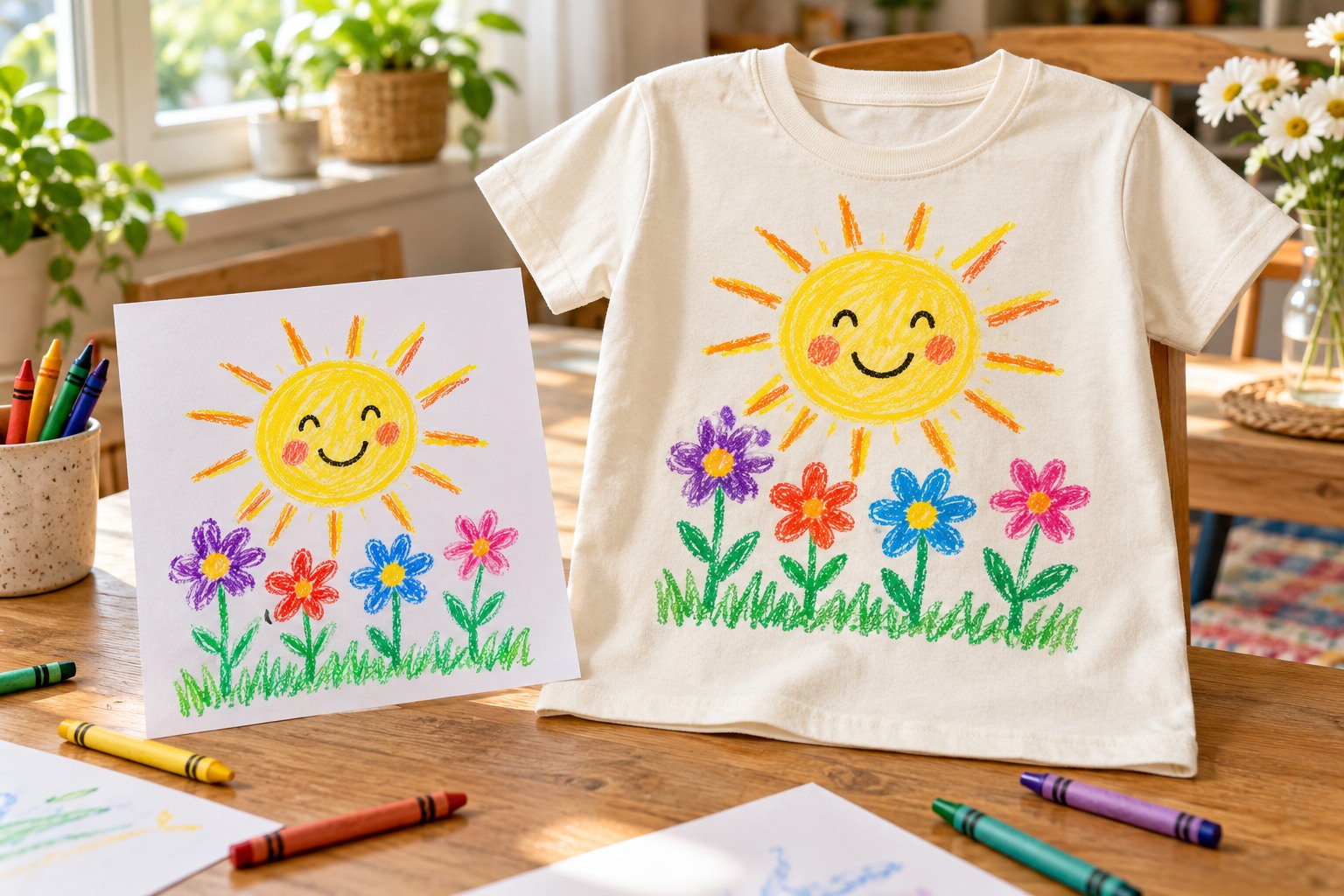 A child's colorful crayon drawing transformed into a matching T-shirt print