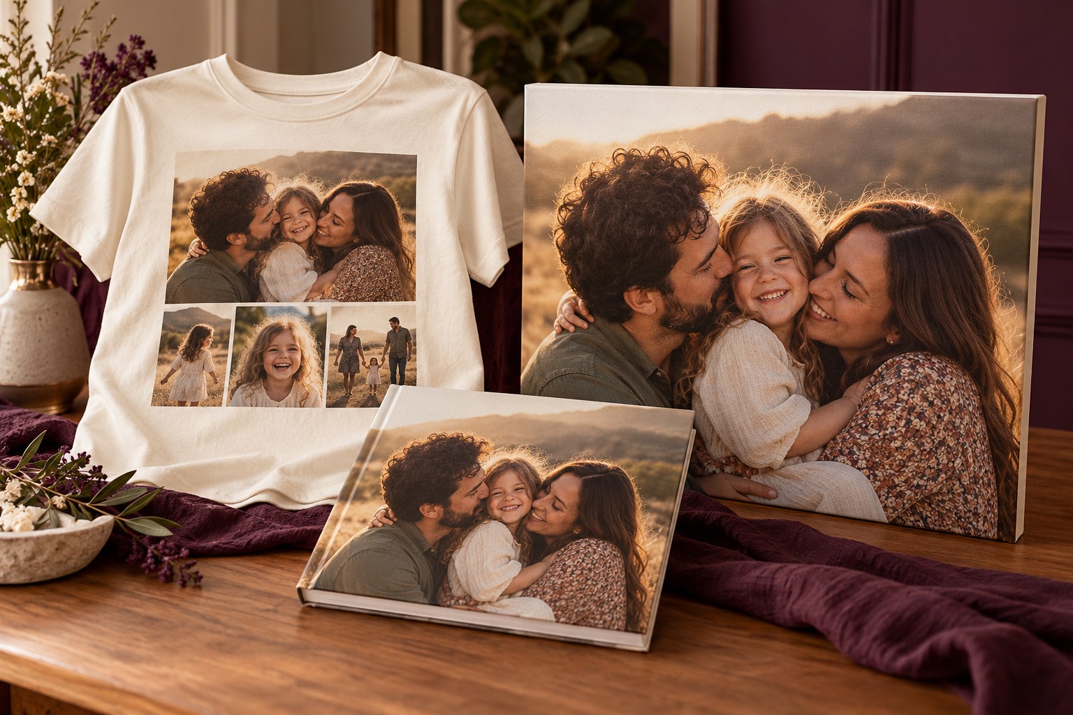 Concept showing one family memory across a custom T-shirt, photo book, and canvas
