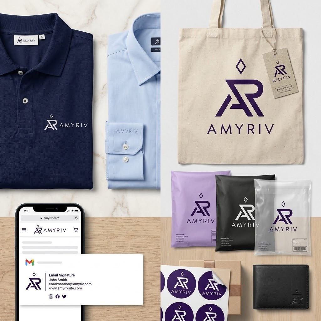 Branded merch set. Apparel, accessories, and packaging carrying the Amyriv identity.