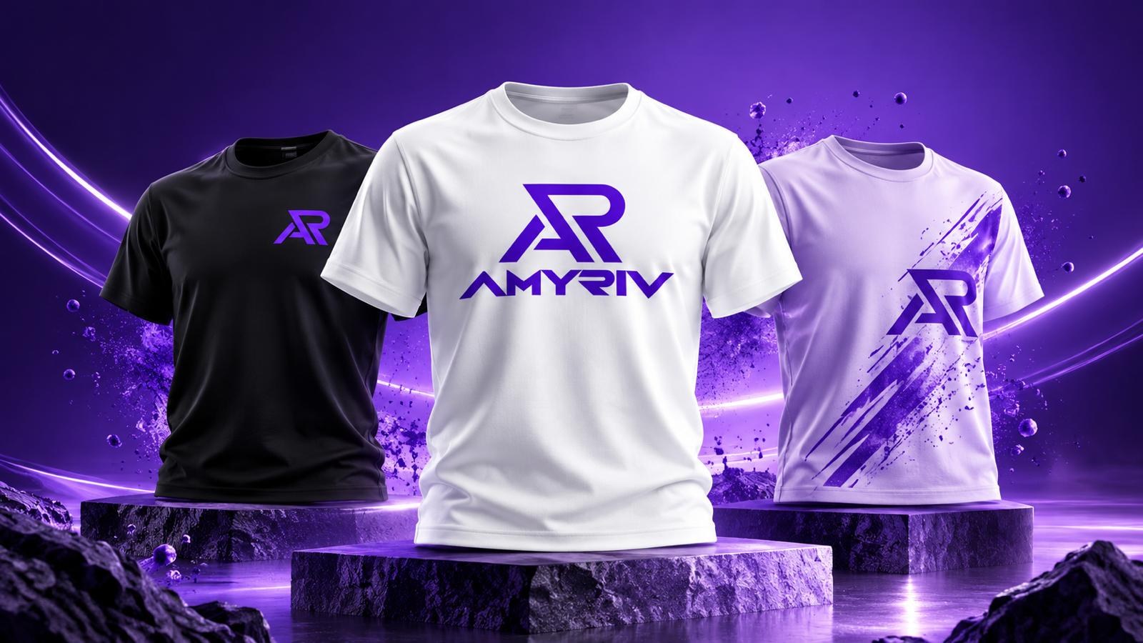 AMYRIV apparel range. A coordinated set of custom tees in signature purple, black, and white.