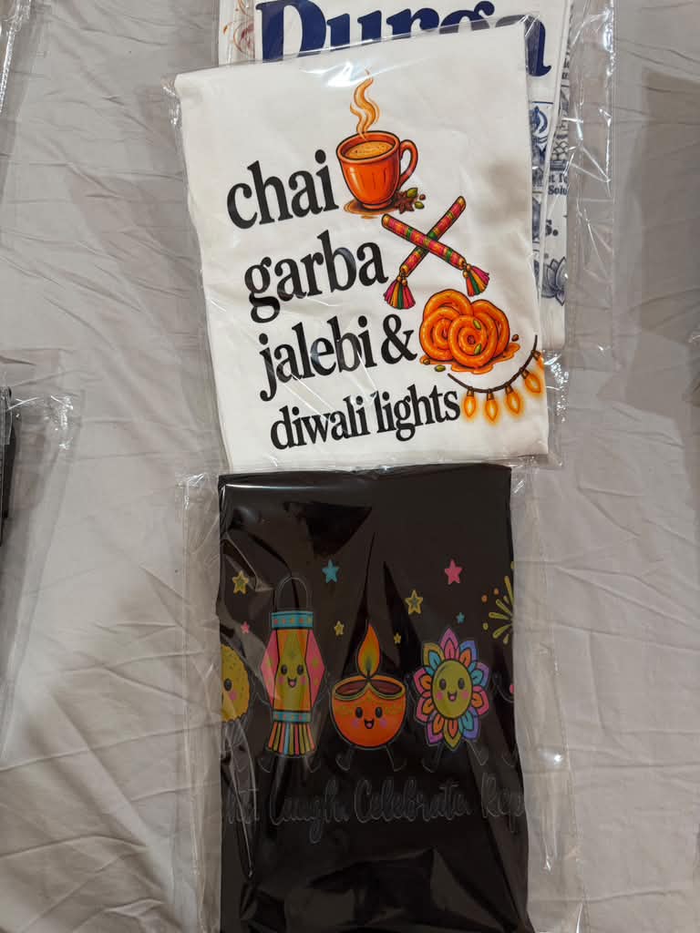 Two personalized T-shirt designs featuring Lakshmi artwork and a chai quote